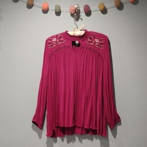 Style & Co. Magenta Embroidered Long-Sleeve Blouse With Hi Lo Hem